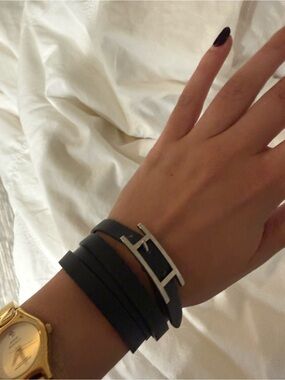 Hermes Black Leather Wrap Bracelet with Silver H Buckle